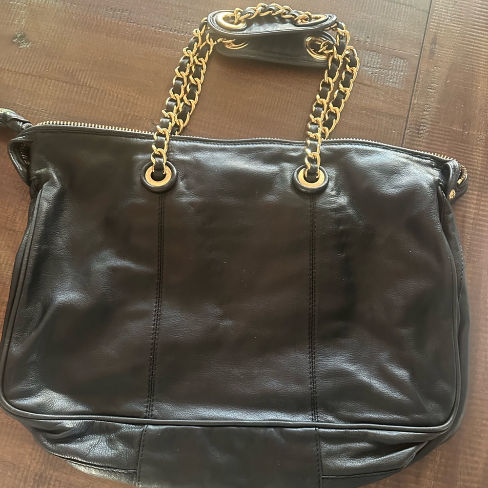 Juicy Couture Black & Grey Leather Tote Bag / Purse with Gold Chain Hardware - Picture 2 of 7